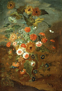 Roses, Carnations, Sunflowers In A Vase With Butterflies, Frogs, Insects Painting by Rachel Ruysch