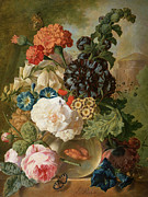 Roses, Chrysanthemums, Peonies And Other Flowers In A Glass Vase With Goldfish On A Stone Ledge Painting by Jan Van Os