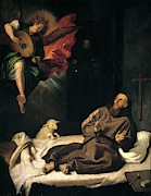 'Saint Francis comforted by a Musican Angel', ca. 1620, Spanish School, Oil ... Painting by Francisco Ribalta -1565-1628-