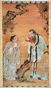 Sakgamuni, Confucius and Lao Tzu, Chinese painting on silk, 18th century. CONFUCIO. Painting by Album