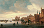 Salomon Jacobsz. van Ruysdael -Naarden, ca. 1600-Haarlem, 1670-. A Winter Landscape with Skaters ... Painting by Salomon van Ruysdael -c 1600-1670-