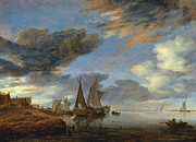 Salomon Jacobsz. van Ruysdael -Naarden, ca. 1600-Haarlem, 1670-. Sailing Vessels moored near a Vi... Painting by Salomon van Ruysdael -c 1600-1670-