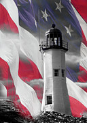 Scituate Lighthouse against the American flag Photograph by Jeff Folger