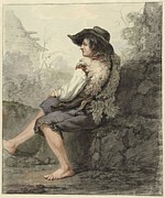 Seated boy with hat and sheepskin, to the left. Painting by Jacob van Strij