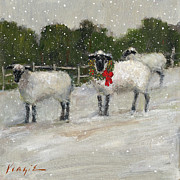 Sheep In Snow Painting by Mary Miller Veazie