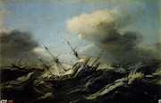 'Ships On A Stormy Sea', Middle 17th century, Dutch School, Oil on panel, 37 c... Painting by Claes Claesz Wou -c 1592-1665-