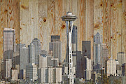Skyline of Seattle, USA on Wood Mixed Media by Alex Mir