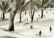 Sledding Central Park New York City Holiday Card Painting by Beverly Brown