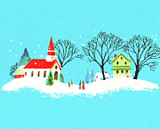 Snowy Village Church Scene Drawing by CSA Images Snowy Village Church Scene Drawing by CSA Images