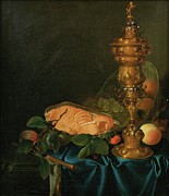 Still Life With A Cup, A Salmon And Fruits Painting by Justus Juncker