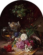 Still Life With Flowers, A Porcelain Vase, And A Goldfish Painting by Elise Puyroche-wagner