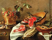 Still Life With Fruit In A Copper Vessel, Fish And Game Painting by Circle Of Frans Ykens Still Life With Fruit In A Copper Vessel, Fish And Game Painting by Circle Of Frans Ykens