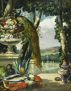 Still Life With Peacock, Flowers, Fruit And Japanese Vase Painting by Narcisse-virgile Diaz De La Pena