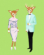 Stylish Couple with Fawn Heads Drawing by CSA Images