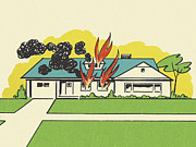 Suburban House on Fire Drawing by CSA Images Suburban House on Fire Drawing by CSA Images