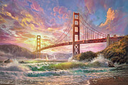 Sunset On Golden Gate Bridge Painting by Thomas Kinkade Studios