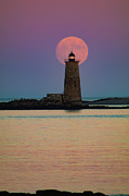 Supermoon over Maine Lighthouse Photograph by Jeff Folger
