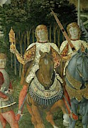 The Adoration of the Magi Two courtiers carrying sword and a gift preceed Lorenzo il Magnifico, 1... Painting by Benozzo Gozzoli -1420-1497-