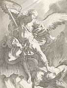 The Archangel St Michael defeating the Devil, engraving Drawing by Guido Reni
