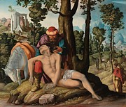 The Good Samaritan. Painting by Master of the Good Samaritan Jan van Scorel -rejected attribution-