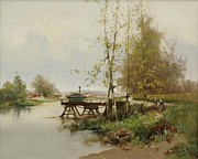 The Pond At The Edge Of The Village Painting by Eugene Galien-laloue