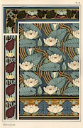 The water lily, Nelumbo lutea, in wallpaper and tile patterns. Lithograph by Verneuil. Drawing by Album