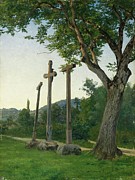 Three Crosses Along A Country Lane Painting by Robert Zund