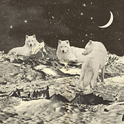 Three Giant White Wolves On Mountains Mixed Media by Florent Bodart