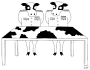 Two Cows In Military Dress Looking At A Map Table With Drawing by Seth Fleishman