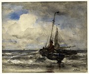 Two fishing boats at the beach. Painting by Jacob Maris -1837-1899- Two fishing boats at the beach. Painting by Jacob Maris -1837-1899-