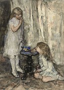 Two Girls Blowing Bubbles. Twee meisjes, dochters van de kunstenaar, bellen blazend. Painting by Jacob Maris -1837-1899-