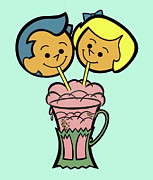 Two Kids Sharing Milkshake Drawing by CSA Images