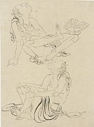 Two Men Relaxing In Summer, Edo Period Drawing by Katsushika Hokusai
