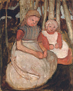 Two Seated Girls Before Birch Trunks; Zwei Sitzende Madchen Vor Birkenstammen, 1904 Painting by Paula Modersohn-becker