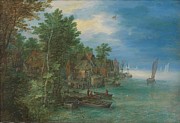 View of a Village along a River. View of a Village on a River. Painting by Jan Brueghel -I- View of a Village along a River. View of a Village on a River. Painting by Jan Brueghel -I-