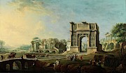'Visita de la reina Maria Amalia de Sajonia al Arco de Trajano en Benevento', ca. ... Painting by Antonio Joli -1700-1777- 'Visita de la reina Maria Amalia de Sajonia al Arco de Trajano en Benevento', ca. ... Painting by Antonio Joli -1700-1777-