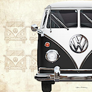 Volkswagen Type 2 - Black and White Volkswagen T1 Samba Bus over Vintage Sketch  Digital Art by Serge Averbukh