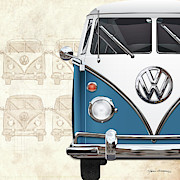 Volkswagen Type 2 - Blue and White Volkswagen T1 Samba Bus over Vintage Sketch  Digital Art by Serge Averbukh