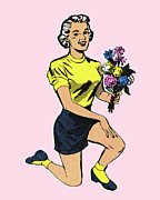 Woman Holding Bouquet of Flowers Drawing by CSA Images Woman Holding Bouquet of Flowers Drawing by CSA Images