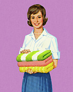 Woman Holding Folded Towels Drawing by CSA Images Woman Holding Folded Towels Drawing by CSA Images
