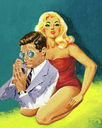 Woman in Red Swimsuit and Man Wearing Sunglasses Drawing by CSA Images