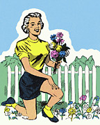 Woman Picking Flowers in a Garden Drawing by CSA Images Woman Picking Flowers in a Garden Drawing by CSA Images