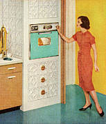 Woman With Turquoise Oven Drawing by CSA Images