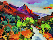 Zion - The Watchman and the Virgin River Vista Painting by Elise Palmigiani Zion - The Watchman and the Virgin River Vista Painting by Elise Palmigiani