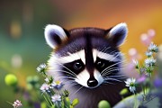 008-DEK-Beautiful RACCOON chibi Peeking Out of Wildflower Patch - 2939-4x-ed- 2304 px X 1536px Mixed Media by Donald Keith