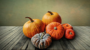 Autumn pumpkins still life on vintage wooden table and rustic ba #3 Photograph by Jelena Jovanovic