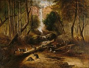 Bush landscape with waterfall and an aborigine stalking native animals, New South Wales #2 Painting by John Skinner Prout