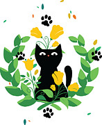Cute Cat in Floral Garden and Paw Prints #1 Digital Art by Jacob Zelazny
