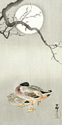 Ducks at full moon #2 Painting by Ohara Koson