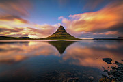 Sunset over Kirkjufell mountain with reflection in a nearby lake in Iceland #1 Photograph by Miroslav Liska